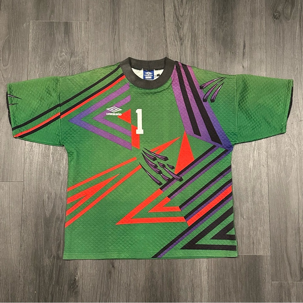 Vintage 1995 Game Worn Olmedo Umbro Green and Red Graphic Soccer Jersey